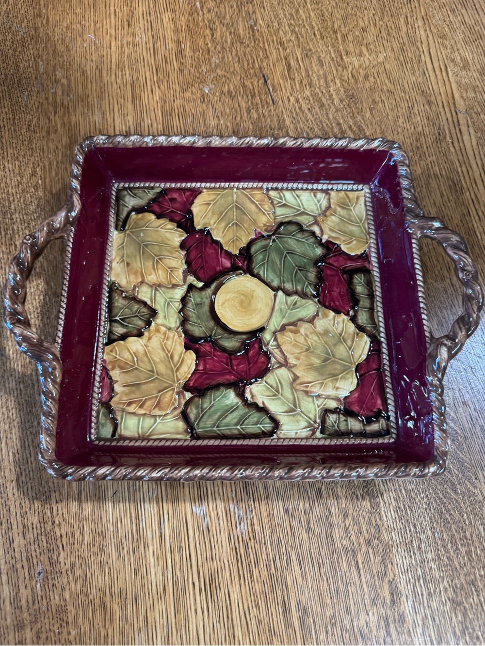 Decorative Leaf Ceramic Serving Tray - Burgundy Accent